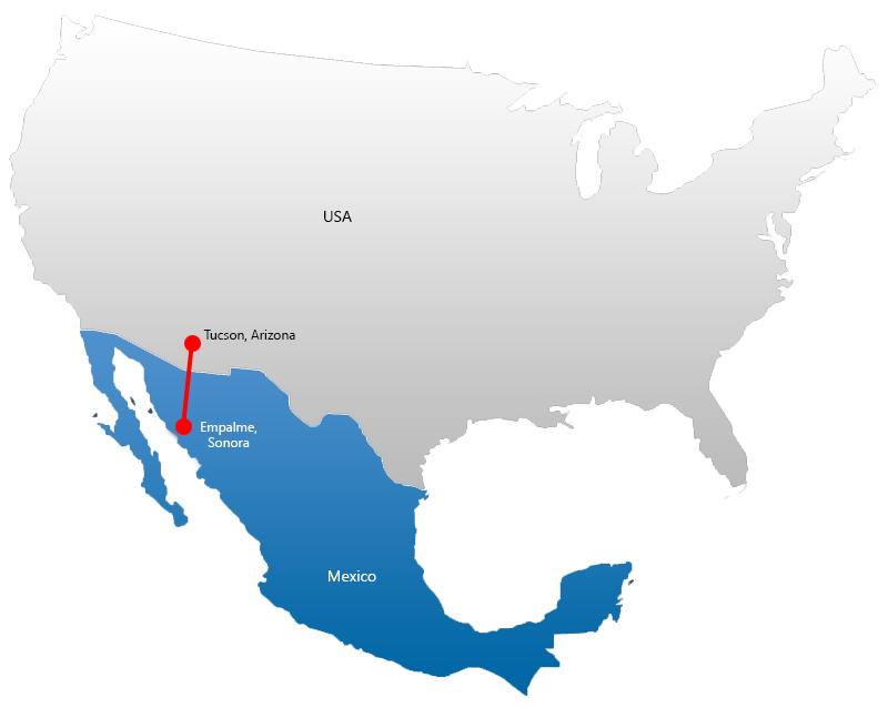 Map highlighting manufacturing in Emplame, Sonora, Mexico