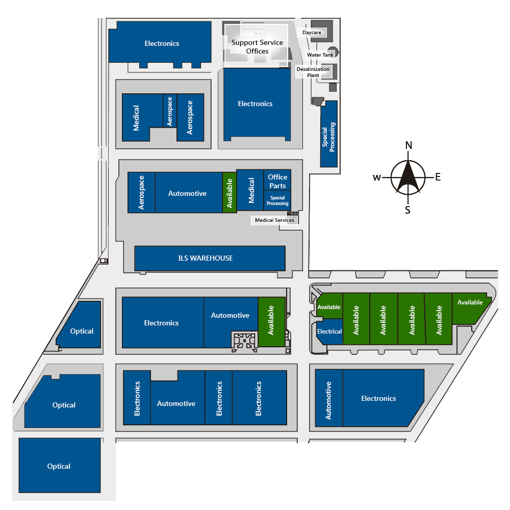 Park Layout showing available real estate in Mexico at the Bella Vista Manufacturing Community located in Emplame, Sonora, Mexico