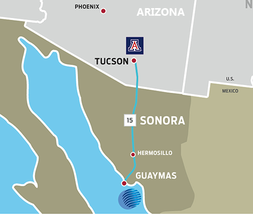 Map of Arizona and Sonora showing The Offshore Group and University of Arizona