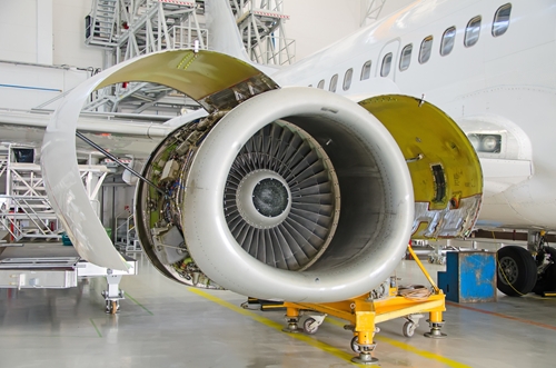 Picture of a large airplane turbine that was produced in an aerospace manufacturing facility in Mexico.
