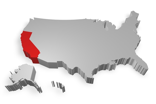 The outline of the map of the united states with only the state of California highlighted in red.