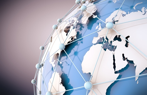 A view of part of the globe on a map where different cities are connected with dots and lines.