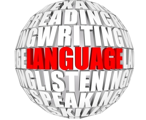 A large globe comprised of words inwhite with the word "Language" in red in the middle.
