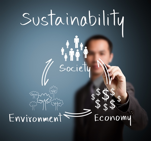 A view at a man writing society, environment, and economy, all under the word sustainability.
