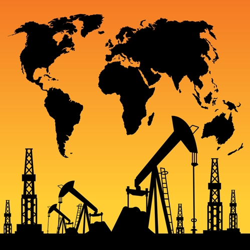 A picture detailing the map of the world along with a bottom border including images related to the industrial sector of the world