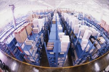 A fish eyed view of a large warehouse where many different types of items are stored.