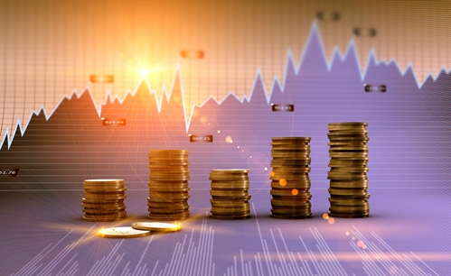 The background is a graph of fluctuating prices while the foreground is stacks of pesos varying in height.